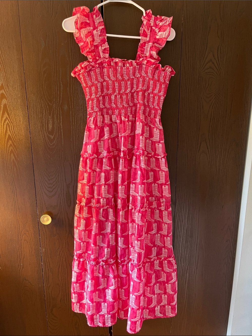 J. Marie strapped pink maxi dress with white cowboy boots. Size Medium.